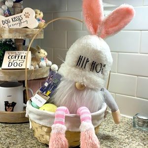 Rae Dunn Easter basket with gnome and Easter eggs.